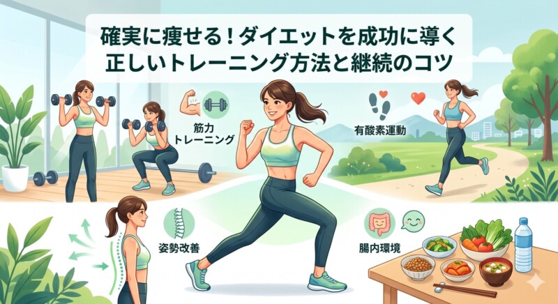 ブログ記事「確実に痩せる！ダイエットを成功に導く正しいトレーニング方法と継続のコツ」のアイキャッチ画像。タイトル文字と共に、筋力トレーニング、有酸素運動、姿勢改善、腸内環境を整える食事に取り組む女性の様子が、温かみのあるパステルカラーのイラストで描かれています。