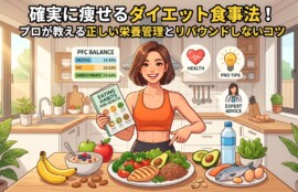 健康的な食事と栄養管理に関する、明るいキッチンのイラスト。 引き締まった体格の女性が、新鮮な食材（野菜、鶏肉、魚、穀物、果物、水）に囲まれたテーブルの前に立ち、推奨されるPFCバランスのチャート（タンパク質15-30%、脂質20-25%、炭水化物50-60%）、健康、プロのヒント、専門家のアドバイスを示すアイコンの横で笑顔を見せています。彼女は「EATING HABITS FOR HEALTH」の本を片手に持ち、食べ物を指しています。 画像の上部には、日本語で「確実に痩せるダイエット食事法！ プロが教える正しい栄養管理とリバウンドしないコツ」と書かれた大きな見出しがあります。背景は、窓から木々が見える現代的なキッチンです。