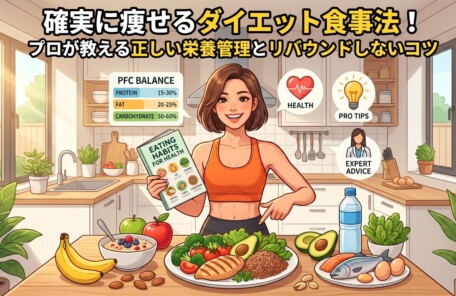 健康的な食事と栄養管理に関する、明るいキッチンのイラスト。 引き締まった体格の女性が、新鮮な食材（野菜、鶏肉、魚、穀物、果物、水）に囲まれたテーブルの前に立ち、推奨されるPFCバランスのチャート（タンパク質15-30%、脂質20-25%、炭水化物50-60%）、健康、プロのヒント、専門家のアドバイスを示すアイコンの横で笑顔を見せています。彼女は「EATING HABITS FOR HEALTH」の本を片手に持ち、食べ物を指しています。 画像の上部には、日本語で「確実に痩せるダイエット食事法！ プロが教える正しい栄養管理とリバウンドしないコツ」と書かれた大きな見出しがあります。背景は、窓から木々が見える現代的なキッチンです。