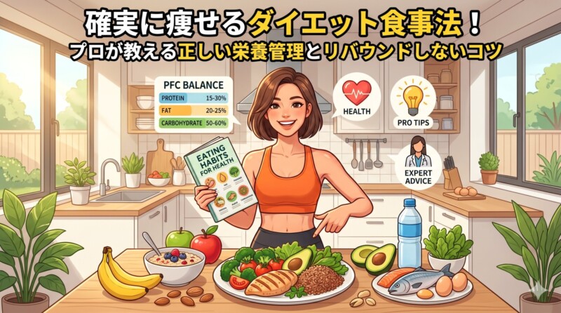 健康的な食事と栄養管理に関する、明るいキッチンのイラスト。 引き締まった体格の女性が、新鮮な食材（野菜、鶏肉、魚、穀物、果物、水）に囲まれたテーブルの前に立ち、推奨されるPFCバランスのチャート（タンパク質15-30%、脂質20-25%、炭水化物50-60%）、健康、プロのヒント、専門家のアドバイスを示すアイコンの横で笑顔を見せています。彼女は「EATING HABITS FOR HEALTH」の本を片手に持ち、食べ物を指しています。 画像の上部には、日本語で「確実に痩せるダイエット食事法！ プロが教える正しい栄養管理とリバウンドしないコツ」と書かれた大きな見出しがあります。背景は、窓から木々が見える現代的なキッチンです。