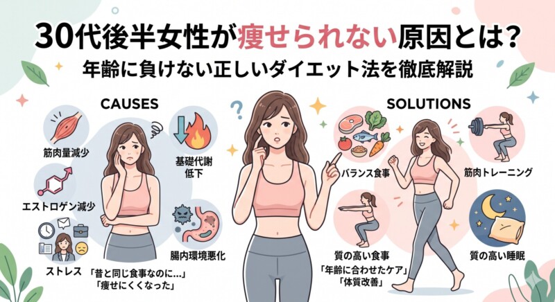「30代後半女性が痩せられない原因と解決策の解説図。左側に『筋肉量減少』『基礎代謝低下』『エストロゲン減少』『ストレス』といった痩せにくい原因をイラストで示し、右側に『バランス食事』『筋力トレーニング』『質の高い睡眠』といった改善のための解決策を提示し、中央に悩む女性と前向きな女性のイラストを配置した構成。」