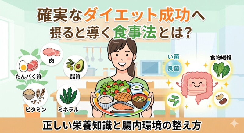 笑顔の女性と健康的な食事、5大栄養素、腸内環境（善玉菌・悪玉菌）のアイコンが描かれた、確実なダイエットと腸活をテーマにしたアイキャッチ画像。
