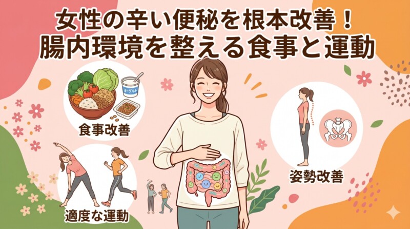 「女性の辛い便秘を根本改善！腸内環境を整える食事と運動」というタイトルが書かれたアイキャッチ画像。笑顔でお腹に手を当てる女性を中心に、便秘解消に役立つ「食事改善（野菜や発酵食品）」「姿勢改善（正しい背筋と骨盤）」「適度な運動（ストレッチやウォーキング）」の3つのポイントが温かみのあるイラストで描かれています。