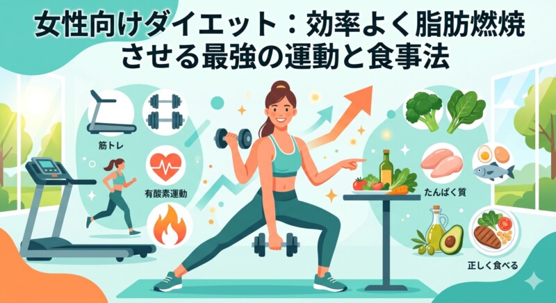「女性向けダイエット：効率よく脂肪燃焼させる最強の運動と食事法」というタイトル文字と、トレーニングウェア姿で楽しく運動に取り組む女性、そして健康的な食事のモチーフが温かみのあるパステルカラーで描かれたアイキャッチ画像のイラスト。