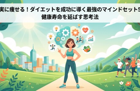 確実に痩せる！ダイエットを成功に導く最強のマインドセット5選」および「健康寿命を延ばす思考法」というテキストが表示された、健康的な女性のイラスト。女性は自信を持って立ち、彼女の思考から健康的な食事、運動、成長を象徴するアイコンが浮かんでいる。背景には、都市と自然が広がる。
