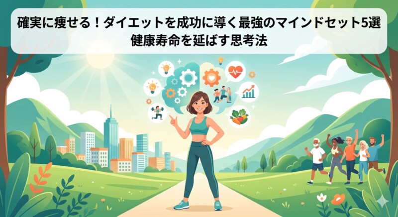 確実に痩せる！ダイエットを成功に導く最強のマインドセット5選」および「健康寿命を延ばす思考法」というテキストが表示された、健康的な女性のイラスト。女性は自信を持って立ち、彼女の思考から健康的な食事、運動、成長を象徴するアイコンが浮かんでいる。背景には、都市と自然が広がる。