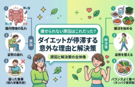 画面中央のパネルに、タイトル「痩せられない原因はこれだった？ ダイエットが停滞する意外な理由と解決策（原因と解決策の全体像）」が日本語で書かれています。 画面は中央で左右に分かれています。左側は「原因」をテーマに、悩んでいる青白い顔の女性と、以下の3つの原因がイラストとテキストで示されています：1. 「腸内環境の乱れ」と腸・悪い菌のイラスト。2. 「姿勢の崩れ」と猫背でスマホを見る女性のイラスト。3. 「偏った食事（隠れ栄養失調）」とサラダだけ食べる女性のイラスト。 右側は「解決策」をテーマに、笑顔で健康的で元気な女性と、以下の3つの解決策がイラストとテキストで示されています：1. 「腸活を始める」と発酵食品・食物繊維のイラスト。2. 「姿勢を整える」と正しい姿勢で歩く女性のイラスト。3. 「バランスよく食べる（タンパク質摂取）」とタンパク質・野菜・脂質がバランスよく配置された食事プレートのイラスト。 全体的に、原因と解決策が対比され、健康的な生活への転換を促すデザインになっています。