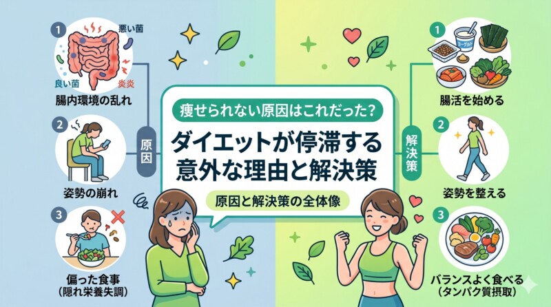 画面中央のパネルに、タイトル「痩せられない原因はこれだった？ ダイエットが停滞する意外な理由と解決策（原因と解決策の全体像）」が日本語で書かれています。 画面は中央で左右に分かれています。左側は「原因」をテーマに、悩んでいる青白い顔の女性と、以下の3つの原因がイラストとテキストで示されています：1. 「腸内環境の乱れ」と腸・悪い菌のイラスト。2. 「姿勢の崩れ」と猫背でスマホを見る女性のイラスト。3. 「偏った食事（隠れ栄養失調）」とサラダだけ食べる女性のイラスト。 右側は「解決策」をテーマに、笑顔で健康的で元気な女性と、以下の3つの解決策がイラストとテキストで示されています：1. 「腸活を始める」と発酵食品・食物繊維のイラスト。2. 「姿勢を整える」と正しい姿勢で歩く女性のイラスト。3. 「バランスよく食べる（タンパク質摂取）」とタンパク質・野菜・脂質がバランスよく配置された食事プレートのイラスト。 全体的に、原因と解決策が対比され、健康的な生活への転換を促すデザインになっています。