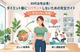 この画像は、30代の女性に向けた「ダイエット後にリバウンドしないための完全ガイド【一生太らない習慣】」をテーマにした、明るく清潔なインフォグラフィック風イラストです。 画像の上部には、タイトルテキストとして「30代女性必見！ダイエット後にリバウンドしないための完全ガイド【一生太らない習慣】」と大きく書かれています。 中央には、笑顔で健康的、かつアクティブな体型の30代女性が、緑のトップと青いボトムのアクティブウェアを着て立っています。彼女を中心に、健康的なライフスタイルを構成する3つの要素が循環するモデルとして示されています。 左下には、「正しい食事術」というラベルと共に、栄養バランスの良い食事（鶏肉、鮭、玄米、アボカド、トマト、ブロッコリーなど）が盛り付けられた円形の図があります。 右下には、「続く運動習慣」というラベルと共に、2人の女性がヨガやトレーニング（ヨガマットやダンベルを使用）をしているイラストがあります。 中央上部には、「メンタルケア」というラベルと共に、羽の生えた笑顔のハートのイラストがあります。 これら3つの要素は、相互に関連していることを示す循環する矢印で結ばれており、食事、運動、メンタルケアのバランスが、リバウンドを防ぎ一生太らない習慣を作る鍵であることを示唆しています。 背景は、現代的で清潔なリビングルームで、大きな窓からは都市のスカイラインが見え、自然光が差し込んでいます。観葉植物、本棚、ソファが配置され、明るく前向きな雰囲気を演出しています。ターゲット層である30代の健康志向の女性に訴求するデザインです。