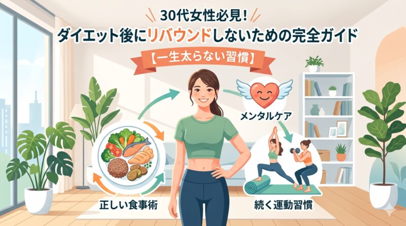 この画像は、30代の女性に向けた「ダイエット後にリバウンドしないための完全ガイド【一生太らない習慣】」をテーマにした、明るく清潔なインフォグラフィック風イラストです。 画像の上部には、タイトルテキストとして「30代女性必見！ダイエット後にリバウンドしないための完全ガイド【一生太らない習慣】」と大きく書かれています。 中央には、笑顔で健康的、かつアクティブな体型の30代女性が、緑のトップと青いボトムのアクティブウェアを着て立っています。彼女を中心に、健康的なライフスタイルを構成する3つの要素が循環するモデルとして示されています。 左下には、「正しい食事術」というラベルと共に、栄養バランスの良い食事（鶏肉、鮭、玄米、アボカド、トマト、ブロッコリーなど）が盛り付けられた円形の図があります。 右下には、「続く運動習慣」というラベルと共に、2人の女性がヨガやトレーニング（ヨガマットやダンベルを使用）をしているイラストがあります。 中央上部には、「メンタルケア」というラベルと共に、羽の生えた笑顔のハートのイラストがあります。 これら3つの要素は、相互に関連していることを示す循環する矢印で結ばれており、食事、運動、メンタルケアのバランスが、リバウンドを防ぎ一生太らない習慣を作る鍵であることを示唆しています。 背景は、現代的で清潔なリビングルームで、大きな窓からは都市のスカイラインが見え、自然光が差し込んでいます。観葉植物、本棚、ソファが配置され、明るく前向きな雰囲気を演出しています。ターゲット層である30代の健康志向の女性に訴求するデザインです。