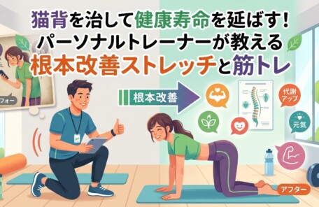「猫背を治して健康寿命を延ばす！パーソナルトレーナーが教える根本改善ストレッチと筋トレ」という見出しとともに、猫背で肩こり・腰痛に悩む女性が、トレーナーの指導を受けて姿勢を改善し、笑顔で健康的なストレッチ（代謝アップ、元気）をするビフォーアフターを描いたイラスト。