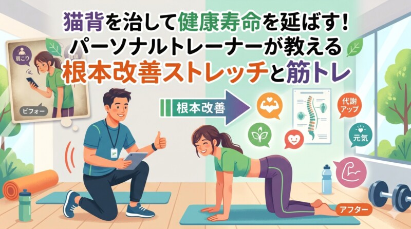 「猫背を治して健康寿命を延ばす！パーソナルトレーナーが教える根本改善ストレッチと筋トレ」という見出しとともに、猫背で肩こり・腰痛に悩む女性が、トレーナーの指導を受けて姿勢を改善し、笑顔で健康的なストレッチ（代謝アップ、元気）をするビフォーアフターを描いたイラスト。