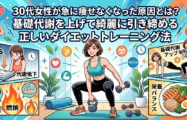 「30代女性が急に痩せなくなった原因とは？基礎代謝を上げて綺麗に引き締める正しいダイエットトレーニング法」のタイトル文字と、ダンベルで筋トレをする健康的な女性や栄養バランスの取れた食事を描いたマンガ風アイキャッチイラスト