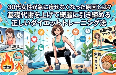 「30代女性が急に痩せなくなった原因とは？基礎代謝を上げて綺麗に引き締める正しいダイエットトレーニング法」のタイトル文字と、ダンベルで筋トレをする健康的な女性や栄養バランスの取れた食事を描いたマンガ風アイキャッチイラスト