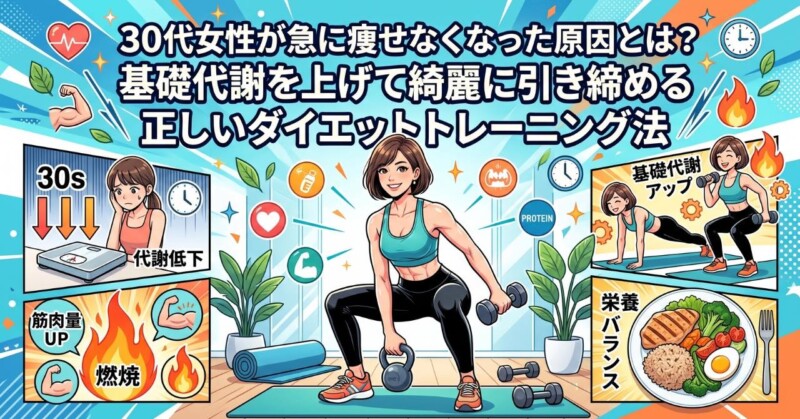 「30代女性が急に痩せなくなった原因とは？基礎代謝を上げて綺麗に引き締める正しいダイエットトレーニング法」のタイトル文字と、ダンベルで筋トレをする健康的な女性や栄養バランスの取れた食事を描いたマンガ風アイキャッチイラスト