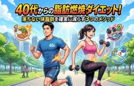 「40代からの脂肪燃焼ダイエット！落ちない体脂肪を確実に減らす3つのメソッド」のブログアイキャッチ画像。公園でランニングや筋トレをする男女のイラストと、食事・運動・睡眠を示すアイコンが描かれています。