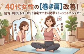 「40代女性の【巻き肩】改善！猫背・肩こりもスッキリ！自宅でできる簡単ストレッチ & セルフケア」という大きなタイトルが書かれた、明るいイラストのブログアイキャッチ画像。笑顔で胸を開き、背中で手を組むストレッチ（「美姿勢」）をしている女性と、悪い姿勢（「巻き肩」）で鏡を見ている自分を思い浮かべる吹き出しの対比が、明るい室内を背景に描かれています。