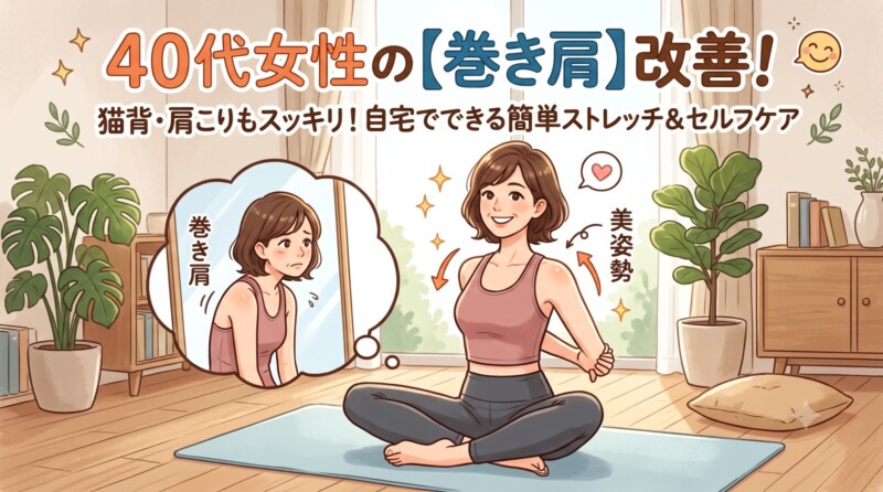 「40代女性の【巻き肩】改善！猫背・肩こりもスッキリ！自宅でできる簡単ストレッチ & セルフケア」という大きなタイトルが書かれた、明るいイラストのブログアイキャッチ画像。笑顔で胸を開き、背中で手を組むストレッチ（「美姿勢」）をしている女性と、悪い姿勢（「巻き肩」）で鏡を見ている自分を思い浮かべる吹き出しの対比が、明るい室内を背景に描かれています。
