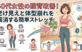 40代女性の猫背改善！老け見えや体型崩れを解消する簡単ストレッチとビフォーアフターのイラスト