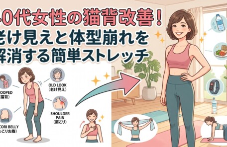 40代女性の猫背改善！老け見えや体型崩れを解消する簡単ストレッチとビフォーアフターのイラスト