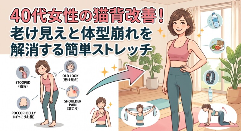 40代女性の猫背改善！老け見えや体型崩れを解消する簡単ストレッチとビフォーアフターのイラスト