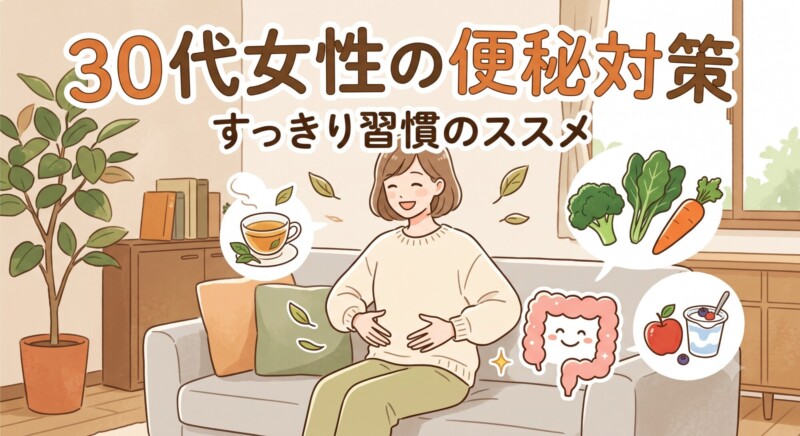 「30代女性の便秘対策 すっきり習慣のススメ」というタイトル文字。ソファに座り笑顔でお腹に手を当てる女性の周りに、温かいお茶、野菜、りんご、ヨーグルト、笑顔の腸のキャラクターが描かれた、便秘改善を表現した温かみのあるイラスト。