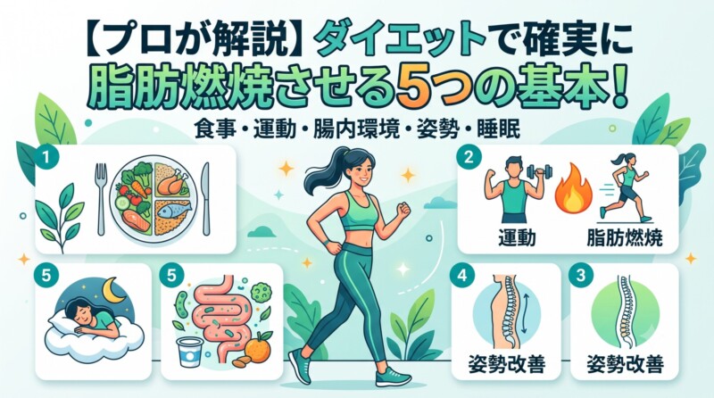 【プロが解説】ダイエットで確実に脂肪燃焼させる5つの基本」というタイトルで、食事、運動、姿勢改善、腸内環境、睡眠の5つのポイントを解説するインフォグラフィック。中央には笑顔で走る女性が描かれている。