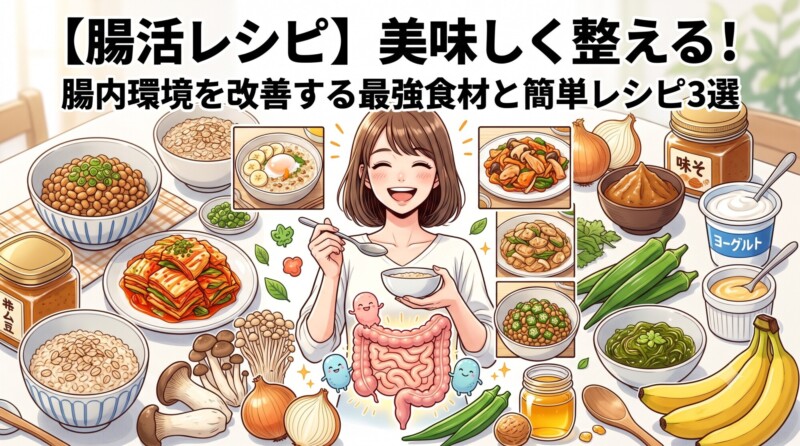 日本風のマンガ・イラスト形式の腸活（腸内環境改善）レシピ・インフォグラフィック。上部には「腸活レシピ」美味しく整える！腸内環境を改善する最強食材と簡単レシピ3選」という日本語のタイトルがある。中央には、笑顔で食事をする女性が描かれ、彼女のお腹の中には腸と善玉菌の可愛らしいイラストがある。周囲には、日本語のラベル付きで、納豆、キムチ、味噌、ヨーグルト、きのこといった最強食材が豊富に並ぶ。中央の3枚の小さなイラストは、具体的なレシピ（オートミールのボウル、豚肉とキムチの炒め物、ネバネバのボウル）を紹介している。画像全体が明るく、健康的で食欲をそそる雰囲気。