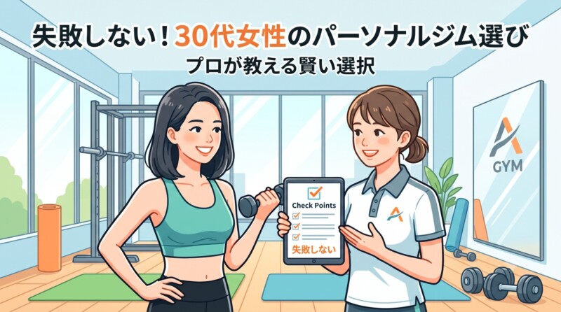 「失敗しない！30代女性のパーソナルジム選び プロが教える賢い選択」というタイトル文字が入った、女性トレーナーがダイエット目的の30代女性にタブレットでアドバイスをしているパーソナルジム風景のイラスト