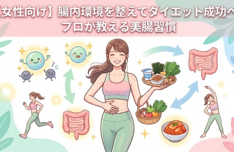 笑顔で健康的な食事を持つフィットネスウェア姿の女性と、腸のイラストや運動する様子が描かれた、「【女性向け】腸内環境を整えてダイエット成功へ！プロが教える美腸習慣」のタイトル入りアイキャッチ画像。