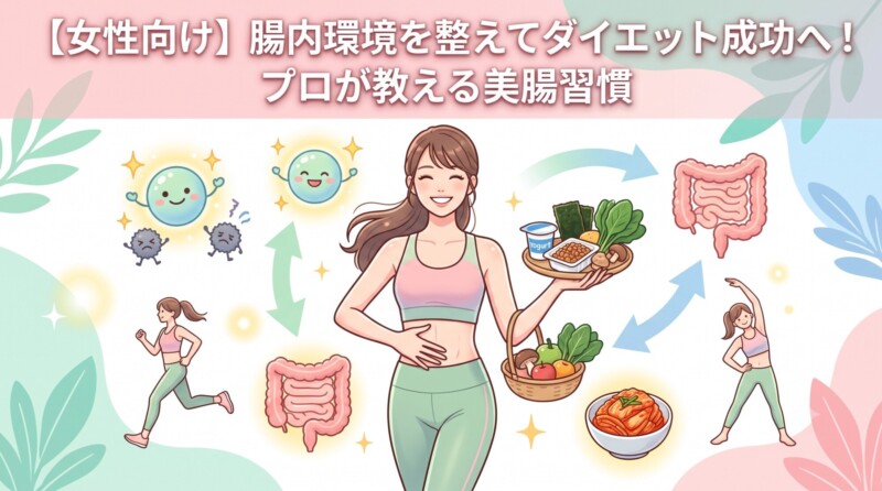 笑顔で健康的な食事を持つフィットネスウェア姿の女性と、腸のイラストや運動する様子が描かれた、「【女性向け】腸内環境を整えてダイエット成功へ！プロが教える美腸習慣」のタイトル入りアイキャッチ画像。