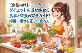 【女性向け】ダイエットを成功させる食事と栄養の完全ガイド！野菜やタンパク質など栄養バランスの取れた健康的な食事と、笑顔でサラダを食べる引き締まった女性のイラスト