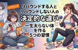 「リバウンドする人とリバウンドしない人の決定的な違い 一生太らない体を作る5つの習慣」という日本語タイトルが中央にある、ダイエットと健康維持の比較イラスト。左側は「リバウンド」「挫折」のラベルとスナック菓子を食べるぽっちゃりした女性、右側はダンベルを持ち運動する引き締まった女性。健康的な食事（バランス食事）やストレス管理、水分補給の要素も描かれている。