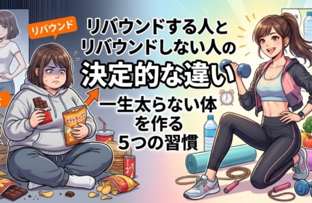 「リバウンドする人とリバウンドしない人の決定的な違い 一生太らない体を作る5つの習慣」という日本語タイトルが中央にある、ダイエットと健康維持の比較イラスト。左側は「リバウンド」「挫折」のラベルとスナック菓子を食べるぽっちゃりした女性、右側はダンベルを持ち運動する引き締まった女性。健康的な食事（バランス食事）やストレス管理、水分補給の要素も描かれている。