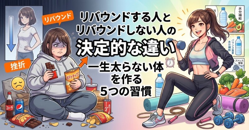 「リバウンドする人とリバウンドしない人の決定的な違い 一生太らない体を作る5つの習慣」という日本語タイトルが中央にある、ダイエットと健康維持の比較イラスト。左側は「リバウンド」「挫折」のラベルとスナック菓子を食べるぽっちゃりした女性、右側はダンベルを持ち運動する引き締まった女性。健康的な食事（バランス食事）やストレス管理、水分補給の要素も描かれている。