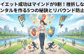 「笑顔で自信に満ちた健康的でスポーティな日本人女性が、広島の健康的な街をバックに、マインドの力で挫折やリバウンドを乗り越え、5つの秘訣とリバウンド防止をテーマにしたダイエット成功の記事のアイキャッチ画像。クリーンなデジタルイラストレーション、詳細なマンガカバーアート。