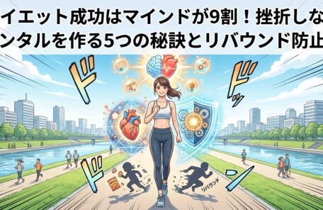 「笑顔で自信に満ちた健康的でスポーティな日本人女性が、広島の健康的な街をバックに、マインドの力で挫折やリバウンドを乗り越え、5つの秘訣とリバウンド防止をテーマにしたダイエット成功の記事のアイキャッチ画像。クリーンなデジタルイラストレーション、詳細なマンガカバーアート。