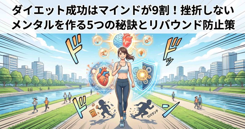 「笑顔で自信に満ちた健康的でスポーティな日本人女性が、広島の健康的な街をバックに、マインドの力で挫折やリバウンドを乗り越え、5つの秘訣とリバウンド防止をテーマにしたダイエット成功の記事のアイキャッチ画像。クリーンなデジタルイラストレーション、詳細なマンガカバーアート。