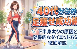 40代からの足痩せ成功術！下半身太りの原因と効果的なダイエット方法を徹底解説。自宅で楽しくトレーニングをする女性のイラスト。 ※検索エンジンに画像の内容を正確に伝えるため、記事のタイトルとイラストの状況（トレーニングをする女性）を自然に組み込んでいます。