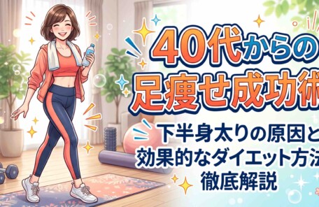 40代からの足痩せ成功術！下半身太りの原因と効果的なダイエット方法を徹底解説。自宅で楽しくトレーニングをする女性のイラスト。 ※検索エンジンに画像の内容を正確に伝えるため、記事のタイトルとイラストの状況（トレーニングをする女性）を自然に組み込んでいます。