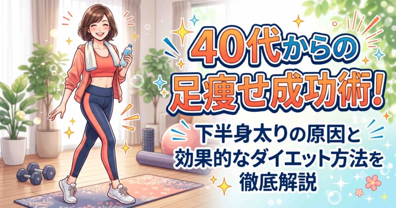 40代からの足痩せ成功術！下半身太りの原因と効果的なダイエット方法を徹底解説。自宅で楽しくトレーニングをする女性のイラスト。 ※検索エンジンに画像の内容を正確に伝えるため、記事のタイトルとイラストの状況（トレーニングをする女性）を自然に組み込んでいます。