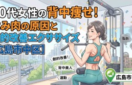 広島市中区の風景を背景に、ラットプルダウンで背中痩せトレーニングを行う40代女性のイラスト。「40代女性の背中痩せ！はみ肉の原因と劇的改善エクササイズ【広島市中区】」のタイトル文字入り。