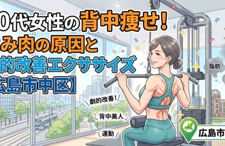 広島市中区の風景を背景に、ラットプルダウンで背中痩せトレーニングを行う40代女性のイラスト。「40代女性の背中痩せ！はみ肉の原因と劇的改善エクササイズ【広島市中区】」のタイトル文字入り。