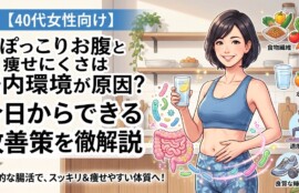 40代女性のぽっこりお腹や痩せにくさの改善策として、腸内環境を整える食事・水分補給・運動を解説したアイキャッチ画像