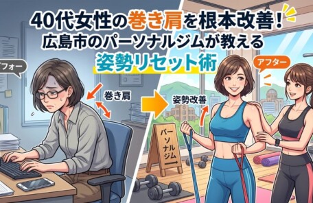40代女性の巻き肩を根本改善！広島市のパーソナルジムが教える姿勢リセット術のアイキャッチ画像。デスクワークで巻き肩に悩む女性が、パーソナルトレーナーの指導で美しい姿勢へと改善するビフォーアフターのイラスト。