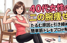 自宅のリビングルームで笑顔で力こぶを作り、二の腕を指差している40代の日本人女性のマンガ風イラスト。ピンクのタンクトップとレギンスを着用。背景には椅子、ヨガマット、フィットネス用品がある。画像内には大きな日本語テキストで「40代女性の二の腕痩せ！」と書かれ、下に「たるむ原因と引き締める簡単筋トレをプロが解説」とある。健康的な生活とフィットネスの目標をテーマにしたビジュアル。