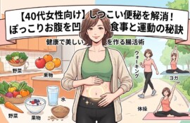 「【40代女性向け】しつこい便秘を解消！ぽっこりお腹を凹ませる食事と運動の秘訣というタイトルが入ったマンガ風イラスト。中央に笑顔の40代女性がスッキリしたお腹を見せ、左側に野菜や果物、ヨーグルトなどの食事、右側にウォーキングやヨガ、体操をする小さな女性が描かれている。」