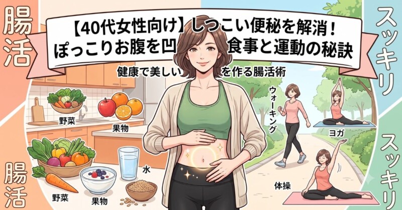 「【40代女性向け】しつこい便秘を解消！ぽっこりお腹を凹ませる食事と運動の秘訣というタイトルが入ったマンガ風イラスト。中央に笑顔の40代女性がスッキリしたお腹を見せ、左側に野菜や果物、ヨーグルトなどの食事、右側にウォーキングやヨガ、体操をする小さな女性が描かれている。」