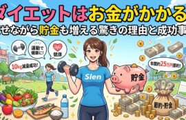 「ダイエットはお金がかかる？痩せながら貯金も増える驚きの理由と成功事例」のアイキャッチ画像。ダンベルと豚の貯金箱を持つ女性を中心に、健康的な食事や節約できたお金が描かれたイラスト。パーソナルトレーニングスタジオSlen(スレン)