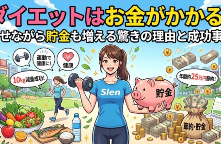 「ダイエットはお金がかかる？痩せながら貯金も増える驚きの理由と成功事例」のアイキャッチ画像。ダンベルと豚の貯金箱を持つ女性を中心に、健康的な食事や節約できたお金が描かれたイラスト。パーソナルトレーニングスタジオSlen(スレン)
